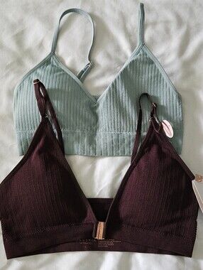 Danskin Seamless Ribbed Bralette Pack - Sage Green & Deep Plum, L